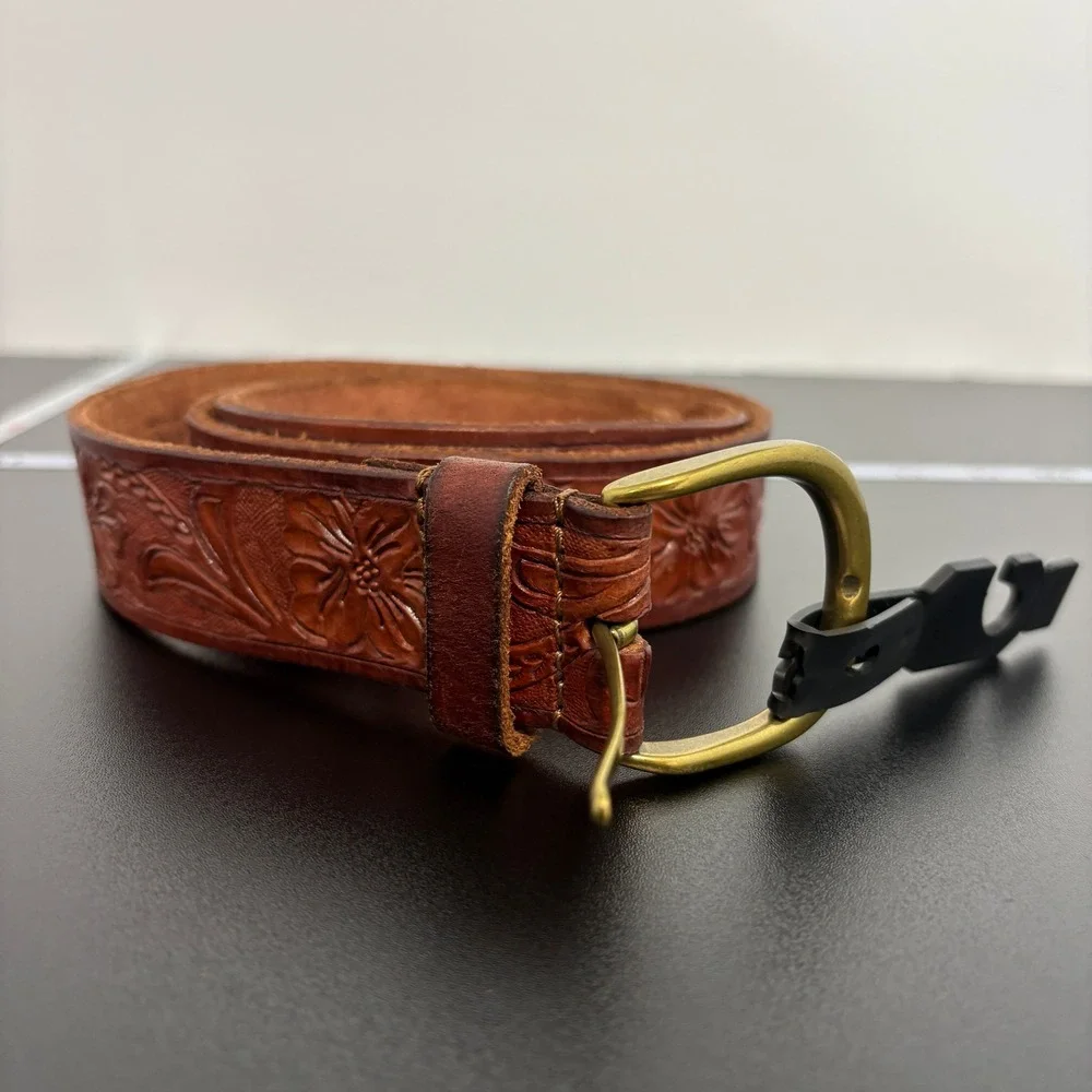 American Eagle Mens Belt L/XL Brown Floral Embossed Buffalo Leather Western